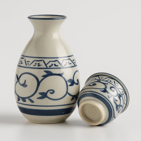 Vintage Japanese Sake Set – Blue & White Tokkuri Bottle + Cup - Picture 1 of 5